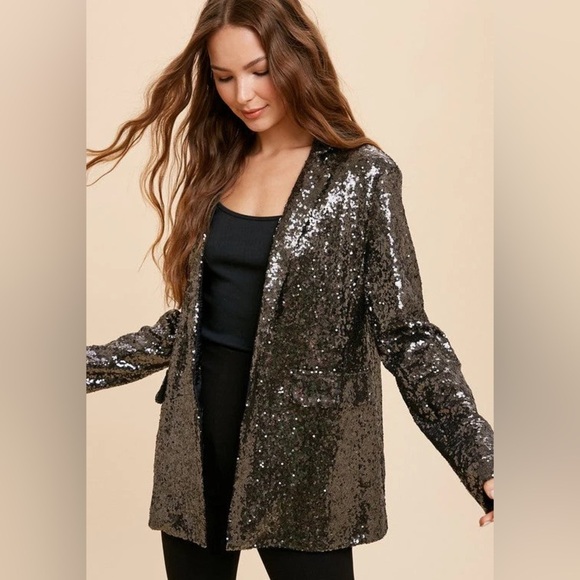In Loom Sequin Oversized Charcoal Blazer Shiny Sparkle Women’s Large Party - Picture 1 of 6